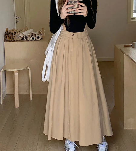 Khaki Elegant Pleated Skirt For Women Pockets Office Ladies Casual A-line Elastic High Waist Black Long Skirt 2023 Autumn Winter