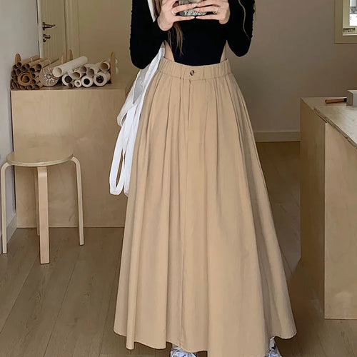 Load image into Gallery viewer, Khaki Elegant Pleated Skirt For Women Pockets Office Ladies Casual A-line Elastic High Waist Black Long Skirt 2023 Autumn Winter
