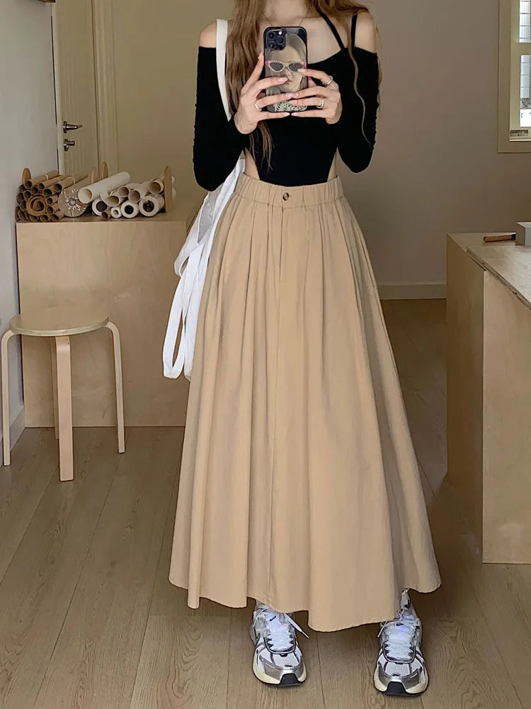 Khaki Elegant Pleated Skirt For Women Pockets Office Ladies Casual A-line Elastic High Waist Black Long Skirt 2023 Autumn Winter