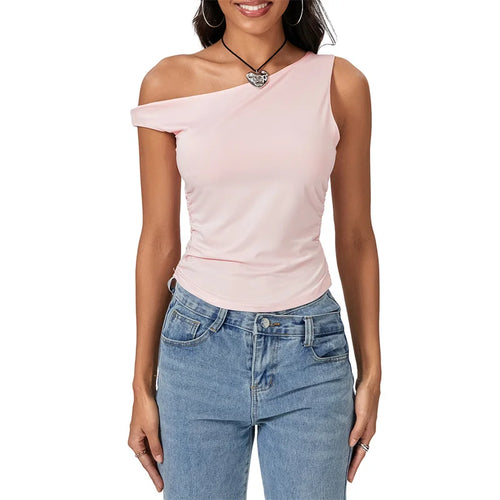 Load image into Gallery viewer, y2k Crop Tops 2000s Clothing Women Solid Color Oblique Shoulder Sleeveless T Shirt Aesthetic Clothes Summer Streetwear
