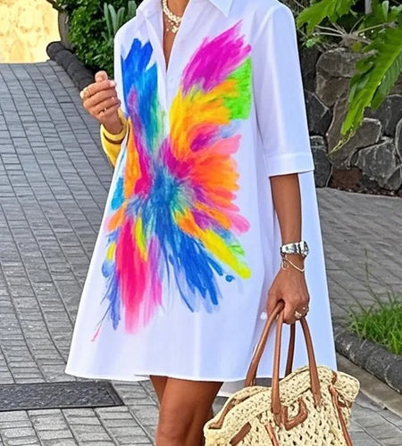 Summer Women's Printed Mini Dresses 2025 New Contrast Color Lapel Buttoned Simple Vacation A-line Shirt Dress for Woman