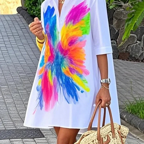 Load image into Gallery viewer, Summer Women&#39;s Printed Mini Dresses 2025 New Contrast Color Lapel Buttoned Simple Vacation A-line Shirt Dress for Woman
