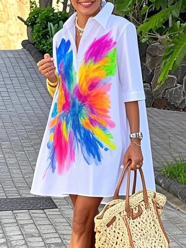Summer Women's Printed Mini Dresses 2025 New Contrast Color Lapel Buttoned Simple Vacation A-line Shirt Dress for Woman