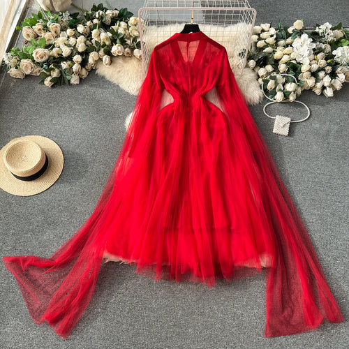Load image into Gallery viewer, Autumn Red Elegant V-neck Sleeveless Embroidery Tassel Mesh Prom Long Dress Women Vacation Water Sleeve Evening Dresses Vintage
