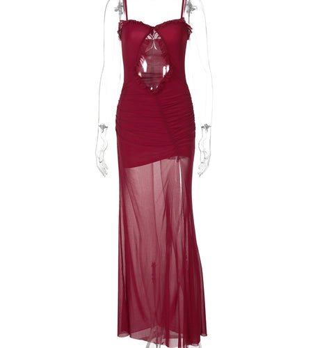 Elegant Mesh Solid Ruffles Hollow Out Draped Patchwork Slip Maxi Dress Summer Women Casual Outfits Beach Vacation Party