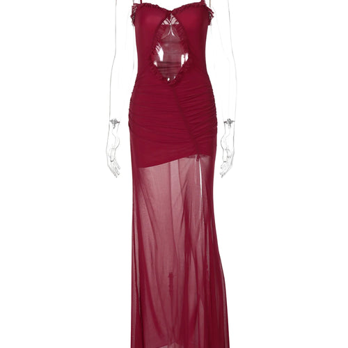 Load image into Gallery viewer, Elegant Mesh Solid Ruffles Hollow Out Draped Patchwork Slip Maxi Dress Summer Women Casual Outfits Beach Vacation Party
