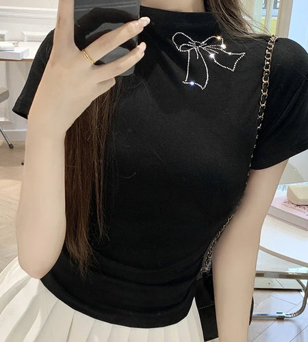 y2k Crop Tops Women Summer Clothes Rhinestone Bow Mock Neck Short Sleeve T Shirts 2000s Aesthetic Clothing Streetwear