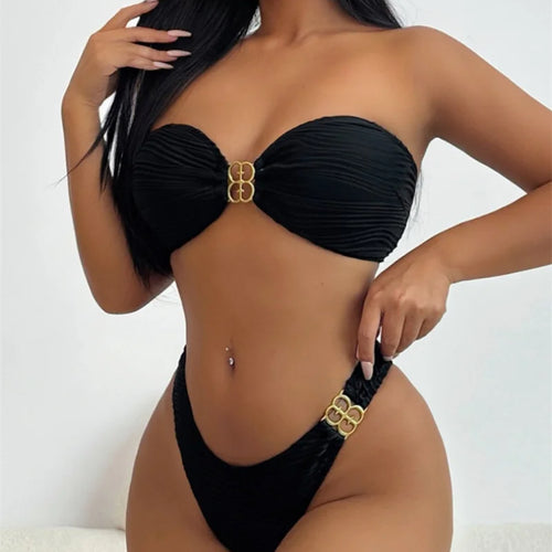 Load image into Gallery viewer, Off Shoulder Swimwear Bandeau Metal Rings Bikini Sets 2024 Sexy Women Swimsuit Brazilian Biquini Bathing Suit
