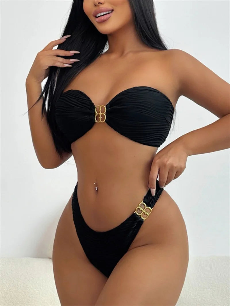 Off Shoulder Swimwear Bandeau Metal Rings Bikini Sets 2024 Sexy Women Swimsuit Brazilian Biquini Bathing Suit