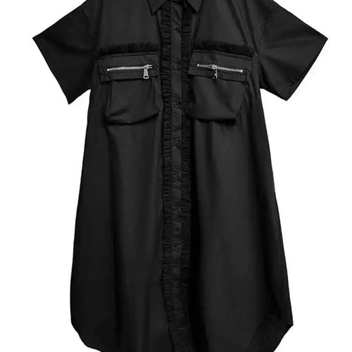 Load image into Gallery viewer, Women White Mesh Color-block Big Size Midi Shirt Dress New Lapel Short Sleeve Fashion Tide Spring Summer 2025 1DJ0003
