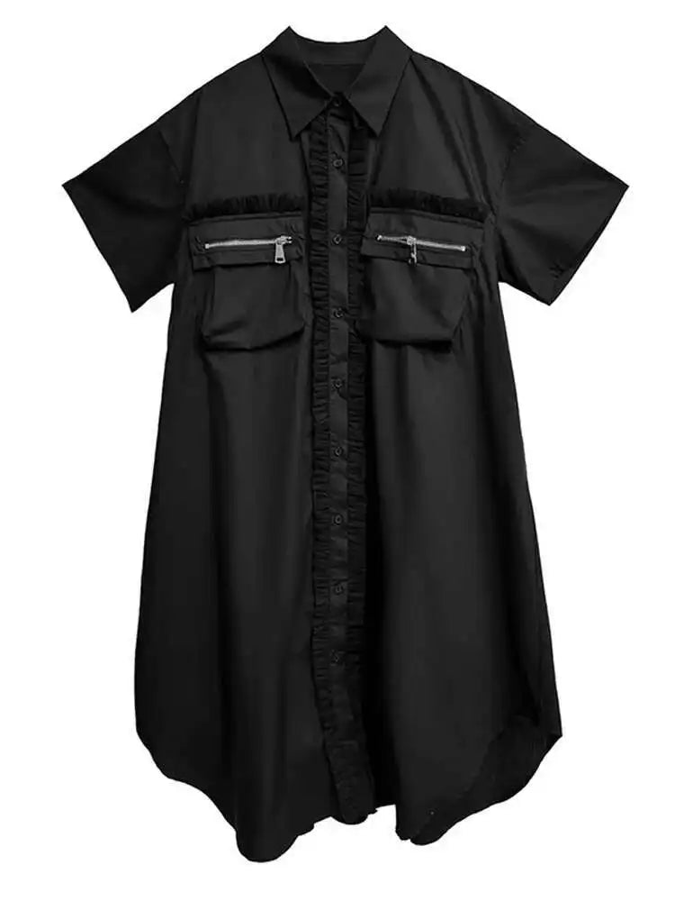 Women White Mesh Color-block Big Size Midi Shirt Dress New Lapel Short Sleeve Fashion Tide Spring Summer 2025 1DJ0003