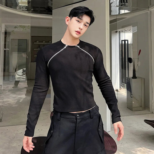 Load image into Gallery viewer, Men&#39;s Slim Long Sleeve T-shirts Autumn New Niche Design Dark Zipper Split Versatile Tight Tops Korean Style Clothing 9C1248
