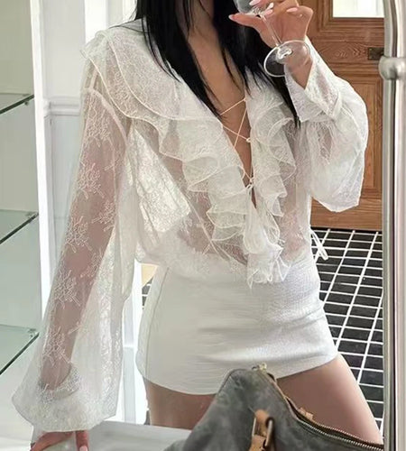 Solid Sexy Two Piece Sets for Women V Neck Long Sleeves Sheers Spliced Fungus Blouses Mini Skirt Elegant Set Female