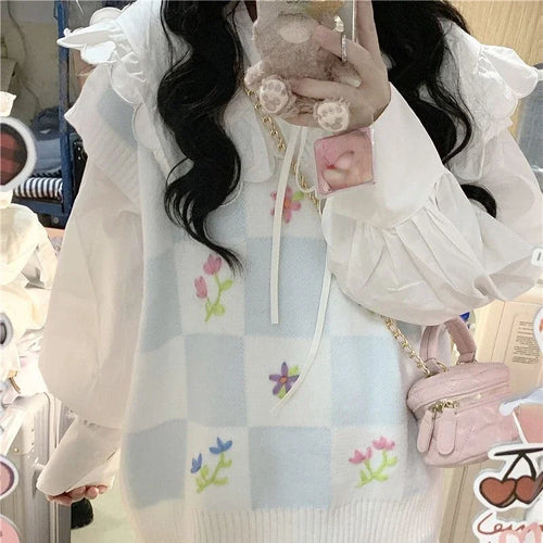 Load image into Gallery viewer, Knitted Sweater Vest for Women 2025 Y2k Aesthetic Embroidery Flower Tanks Fashion Casual Sleeveless Waistcoat Preppy Cute Tops
