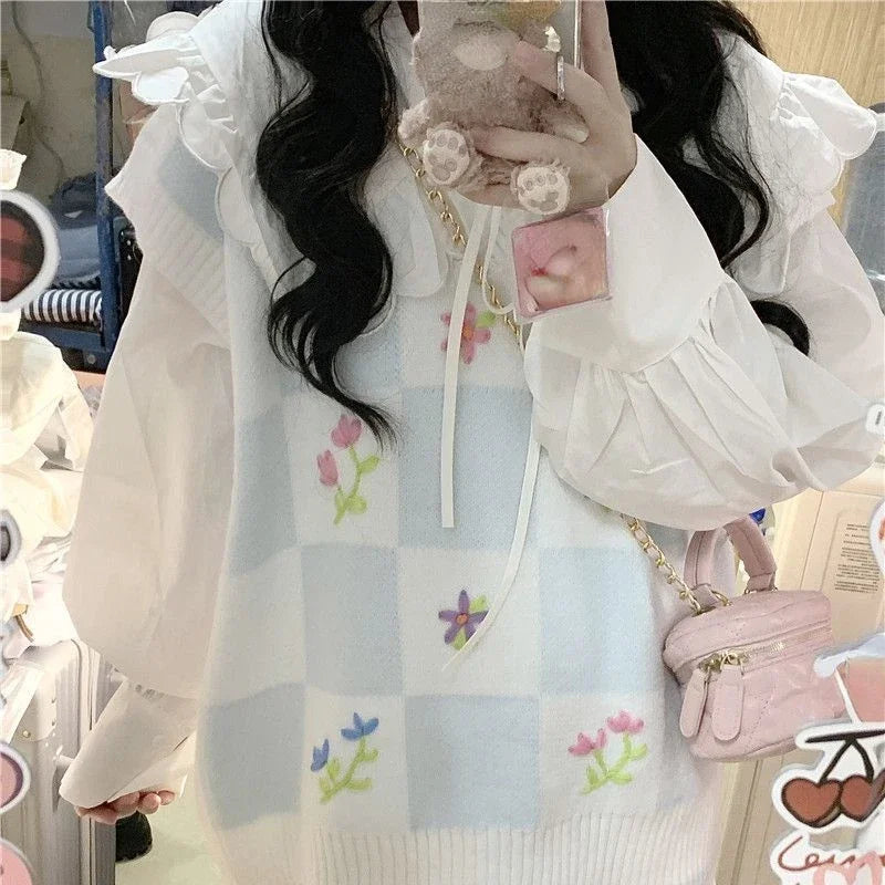 Knitted Sweater Vest for Women 2025 Y2k Aesthetic Embroidery Flower Tanks Fashion Casual Sleeveless Waistcoat Preppy Cute Tops