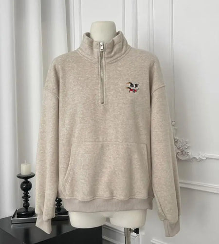Korean Grey Dog Embroidery Half Zipper Stand Collar Sweatshirt Women 2024 Autumn Winter Beige Loose Pullover Long Sleeved Tops