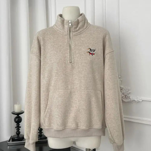 Load image into Gallery viewer, Korean Grey Dog Embroidery Half Zipper Stand Collar Sweatshirt Women 2024 Autumn Winter Beige Loose Pullover Long Sleeved Tops
