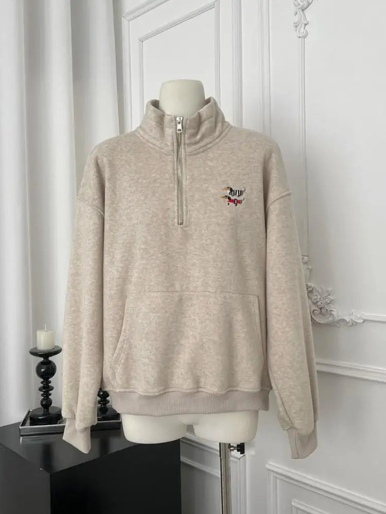 Korean Grey Dog Embroidery Half Zipper Stand Collar Sweatshirt Women 2024 Autumn Winter Beige Loose Pullover Long Sleeved Tops