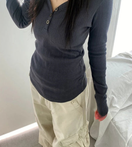 Autumn Y2k Aesthetic Vintage Solid Ribbed Tees Streetwear Half Open Collar Casual Tshirts Women Harajuku Grunge Bottoming Tops