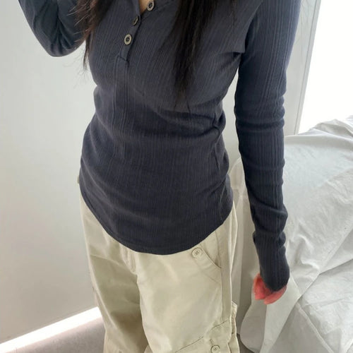 Load image into Gallery viewer, Autumn Y2k Aesthetic Vintage Solid Ribbed Tees Streetwear Half Open Collar Casual Tshirts Women Harajuku Grunge Bottoming Tops
