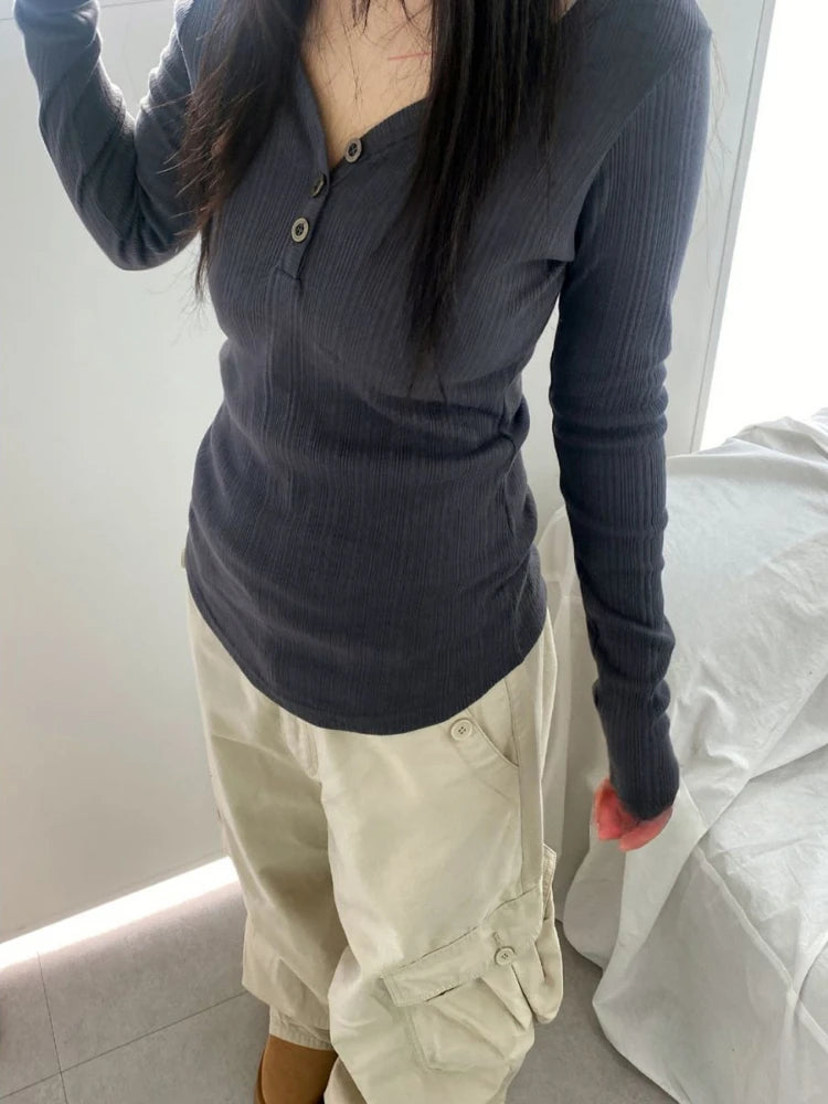 Autumn Y2k Aesthetic Vintage Solid Ribbed Tees Streetwear Half Open Collar Casual Tshirts Women Harajuku Grunge Bottoming Tops