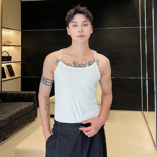 Load image into Gallery viewer, Summer Personalized Male Vest Pearl Shoulder Strap Elastic Short Tank Top Trendy Knitted Ribbed Sleeveless Tops 9C5475
