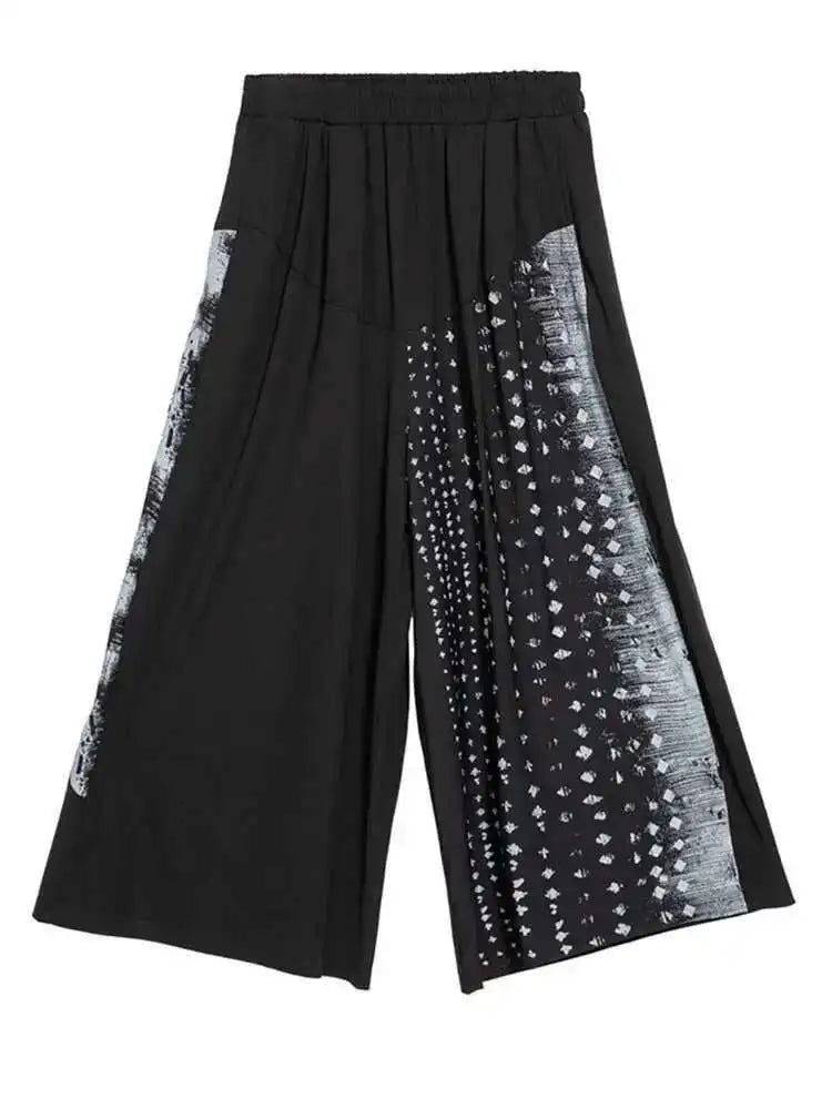 High Elastic Waist Black Pattern Printed Wide Leg Pants New Loose Fit Trousers Women Fashion Spring Autumn 2025 1DF8308