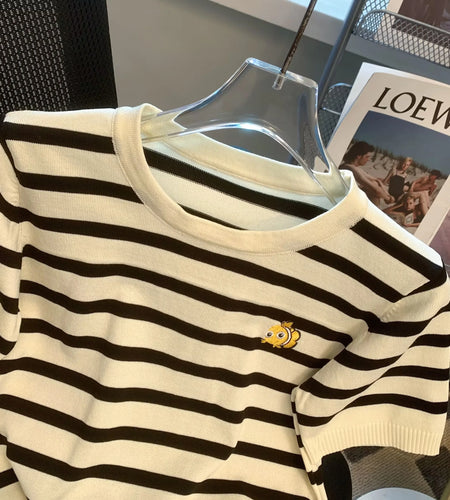 Vintage Black Beige Stripe Knitted T-shirt Women's Spring Summer Fashion Elegant Holiday O- Neck Short Sleeve Slim Top Versatile
