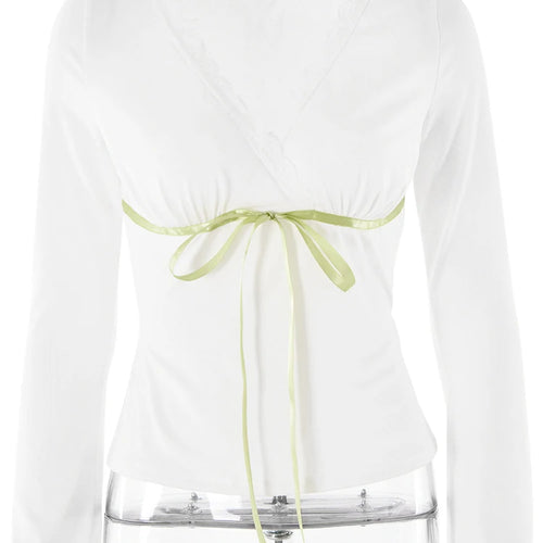 Load image into Gallery viewer, Fashion Lace Long Sleeved Slim Fit Women's Top T-shirt Sexy V-neck Elastic Tight Tie Female Top Autumn New 2024 Clothing
