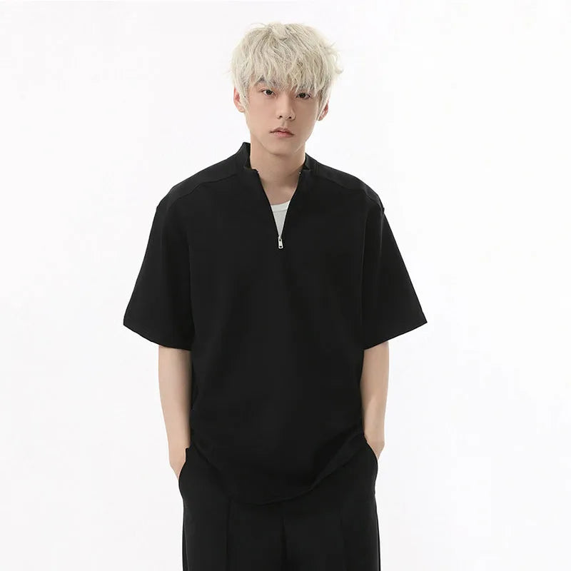 Men's T-shirts Korean Simple Stand Collar Design Solid Color Half Zipper Stylish Male Clothing Short Sleeve Top 9W1602