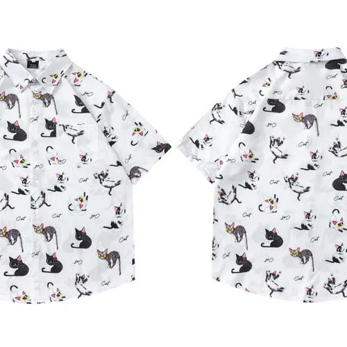 Load image into Gallery viewer, Harajuku Hawaiian Shirts Streetwear Funny Cartoon Cat Graphic Printed Summer Beach Blouse Hip Hop Casual Baggy Short Sleeve Tops
