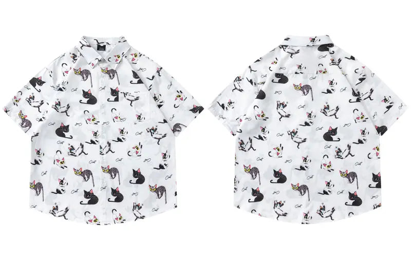 Harajuku Hawaiian Shirts Streetwear Funny Cartoon Cat Graphic Printed Summer Beach Blouse Hip Hop Casual Baggy Short Sleeve Tops