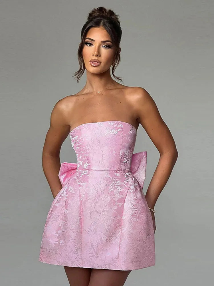 Elegant Strapless Butterfly Knot Open Back Short Dress Women 2024 Summer New Sexy Mini Dress Tight Party Evening Dress