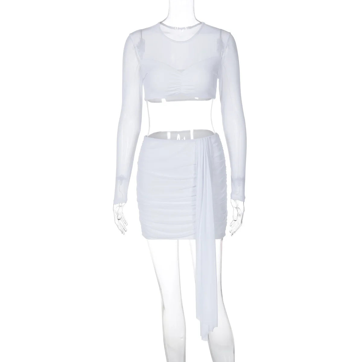 Sexy Skirt Two Piece Sets Women O Neck Long Sleeve T-shirt And Mini Draped Skirt Matching Sets Ladies Skinny Club Sets