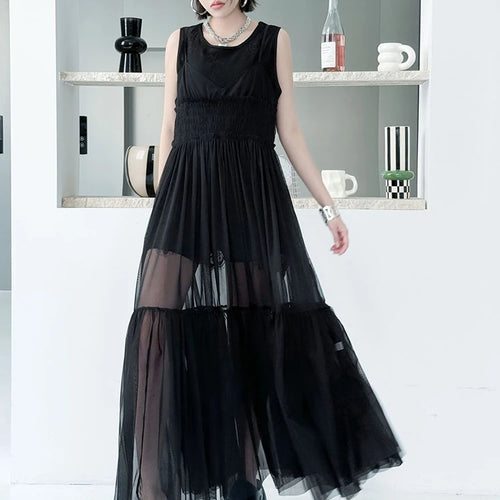 Load image into Gallery viewer, Women Black Mesh Perspective Elegant Spaghetti Strap Dress New V-Neck Sleeveless Fashion Tide Spring Summer  2025 1DJ0845
