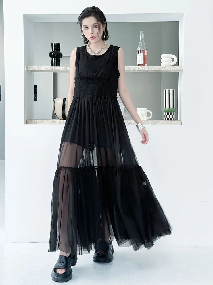 Women Black Mesh Perspective Elegant Spaghetti Strap Dress New V-Neck Sleeveless Fashion Tide Spring Summer  2025 1DJ0845