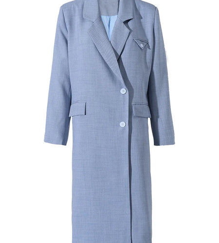 Women Blue Big Size Long Elegant Blazer New Lapel Long Sleeve Loose Fit Jacket Fashion Tide Spring Autumn 2025 2AAA0