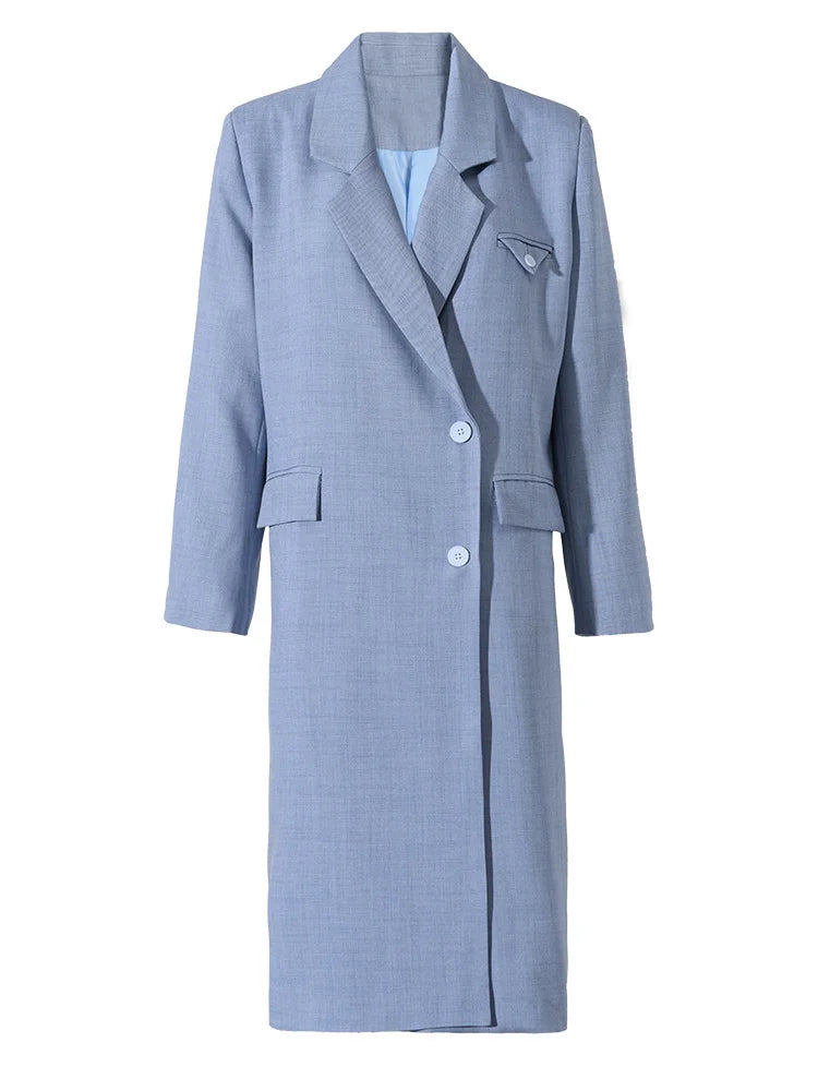 Women Blue Big Size Long Elegant Blazer New Lapel Long Sleeve Loose Fit Jacket Fashion Tide Spring Autumn 2025 2AAA0