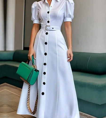 Womens Summer Shirt Dress 2025 New Fashion Short Sleeve Woman Casual Long White Dresses with Belt Simple Clothing
