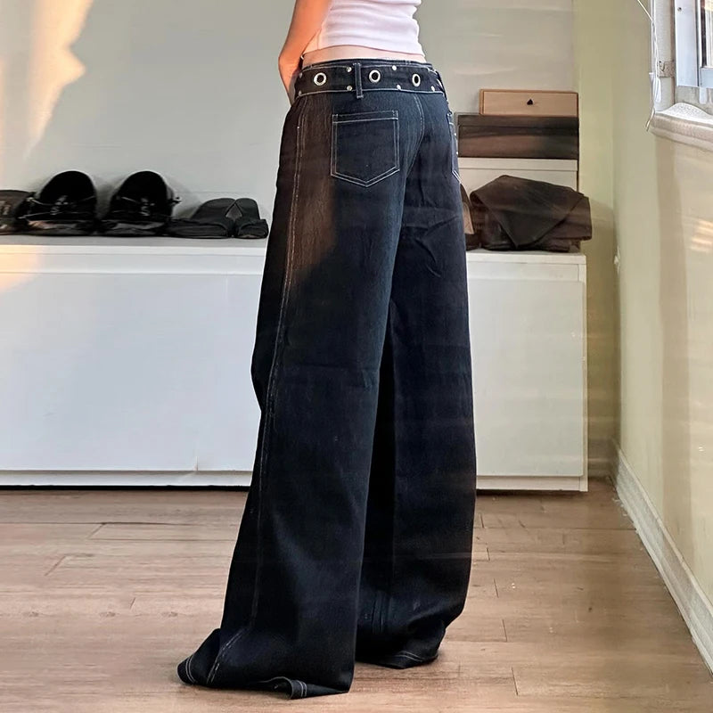 Streetwear Gothic Dark Low Rise Flared Jeans Solid Metal Buttons Harajuku Denim Trousers Academia Oversized Pants New