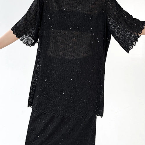 Load image into Gallery viewer, Black Lace T-shirt Back Slit Skirt Two Pieces Suit New Round Neck Short Sleeve Women Fashion Spring Summer 2025 1DJ1159
