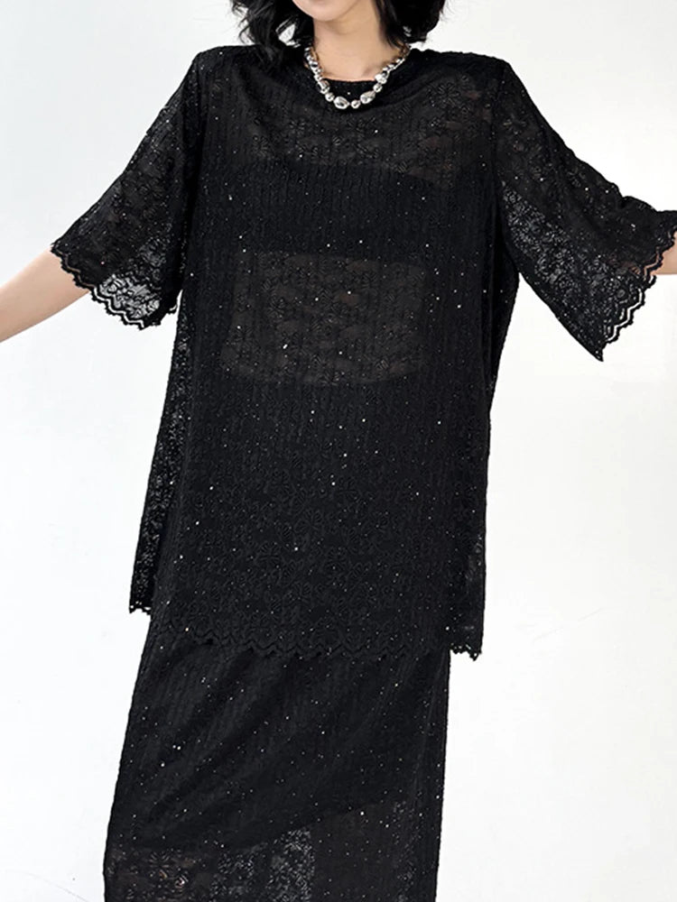 Black Lace T-shirt Back Slit Skirt Two Pieces Suit New Round Neck Short Sleeve Women Fashion Spring Summer 2025 1DJ1159