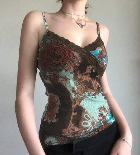 Vintage Floral Printing Cross V-Neck Summer Camis Women Lace Patchwork Elegant Slim-Fitting Top Fairycore Clothes New