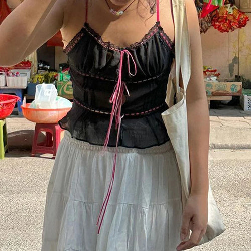 Load image into Gallery viewer, Strap Fashion Chic Chiffon Top Cropped Spliced Y2K Sexy Summer Crop Top Female See Through Tie Up Shirring Outfits
