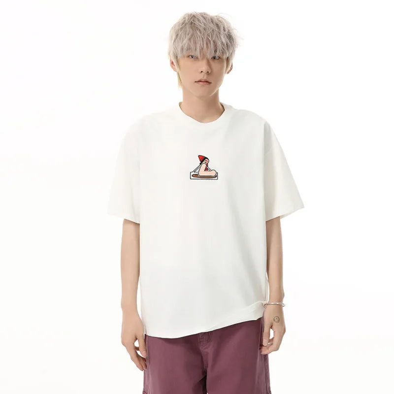 Men's T-shirts Short Sleeve New Korean Cartoon Print Embroidery Design Solid Color Round Neck Casual Trend T-shirt 9W1683