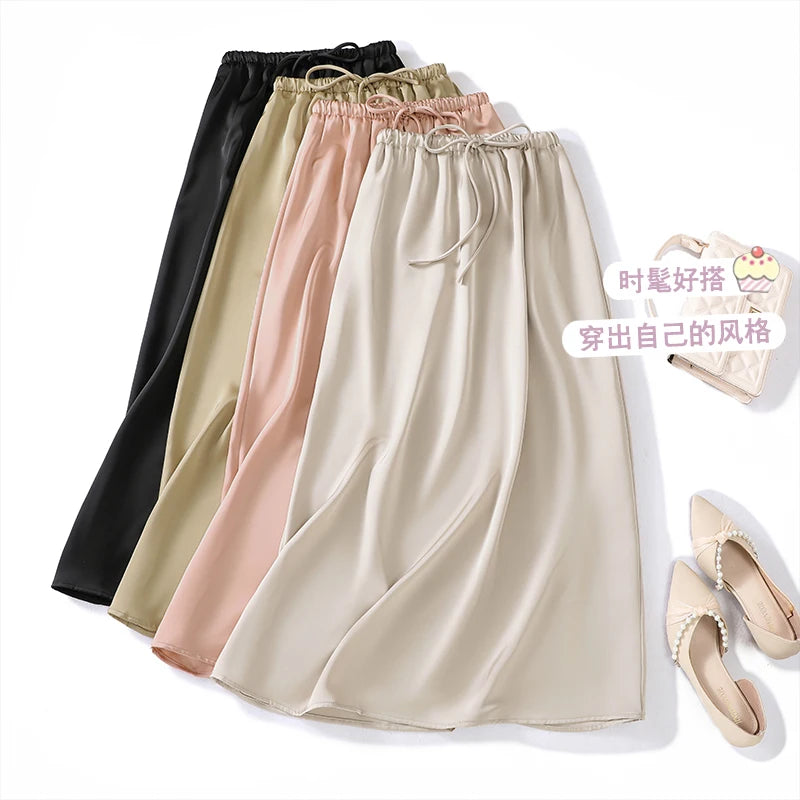French Retro Solid Elegant Women Bandage Long Skirts Korean Fashion Pleated A-line Skirt Spring Autumn Office Wrapped Hip Skirt