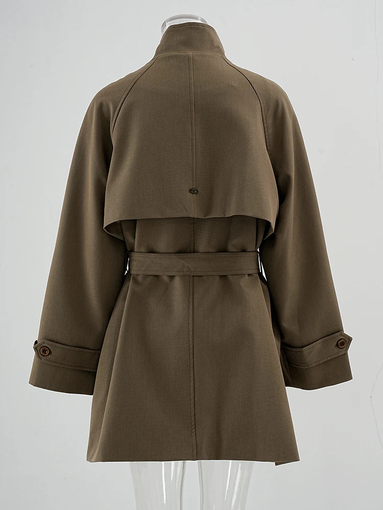 Women Khaki Belted Big Size Elegant Trench New Stand Collar Long Sleeve Windbreaker Fashion Spring Autumn 2025 CPG2261