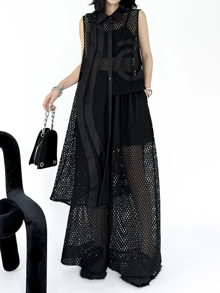 Big Size Black Grid Vest Wide Leg Pants Two Piece Suit New Lapel Sleeveless Women Fashion Tide Spring Autumn 2025 1DJ1417