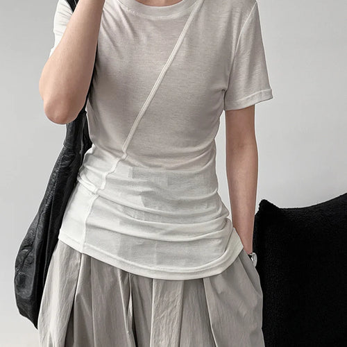 Load image into Gallery viewer, Women Beige Black Irregular Slim Elegant T-shirt New Round Neck Short Sleeve Fashion Tide Spring Summer 2025 1DJ1909
