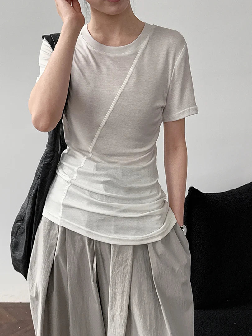 Women Beige Black Irregular Slim Elegant T-shirt New Round Neck Short Sleeve Fashion Tide Spring Summer 2025 1DJ1909
